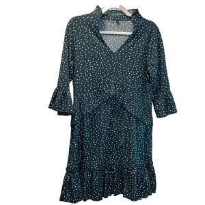 Small MITILLY Women's V Neck Ruffle Polka Dot Pocket Loose Swing Casual Dress